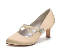 Gycdwjh Women's High Heels 6.5cm Closed Toe Stiletto Ankle Strap Satin Wedding Shoes Pointed Toe with Rhinestones Dress Wedding Party Pumps,Champagne,9 UK