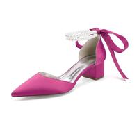 Gycdwjh Women's Pearl Ankle Strap Wedding Pumps 4.5cm Low Block Heel Bridal Shoes Comfortable Pointed Toe Satin Dance Shoes for Bride,Rose red,3 UK