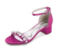 Gycdwjh Women's Pearl Embellished Wedding Sandals 4.5cm Low Block Heel Bridal Shoes Comfortable Satin Pumps with Ankle Strap,Rose red,7 UK