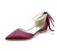 Gycdwjh Women's Pearl Strap Bridal Sandals 2.5cm Low Heel Pointed Toe Satin Flats - Elegant Buckle Strap Wedding & Prom Shoes,Wine red,6 UK