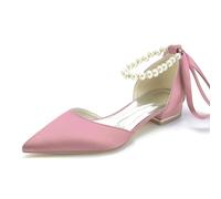 Gycdwjh Women's Pearl Strap Bridal Sandals 2.5cm Low Heel Pointed Toe Satin Flats - Elegant Buckle Strap Wedding & Prom Shoes,Flesh Pink,8 UK