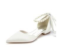 Gycdwjh Women's Pearl Strap Bridal Sandals 2.5cm Low Heel Pointed Toe Satin Flats - Elegant Buckle Strap Wedding & Prom Shoes,Ivory,6.5 UK