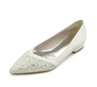 Gycdwjh Women's Pointed Toe Satin Wedding Flats for Bride Rhinestones White Bridal Shoes Slip on Prom Party Shoes Pumps 2.5cm,Ivory,3 UK