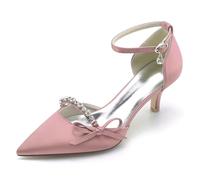 Gycdwjh Womens Rhinestone Bow Decoration Court Shoes Pointed Toe Mid High Heel Wedding Shoes Ladies Satin Ankle Strap Bridal Pumps,Flesh Pink,6.5 UK