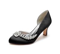 Gycdwjh Women's Round Toe Wedding Shoes for Bride with Rhinestones Satin Beaded Slip-on Pumps Mid Kitten Heel Prom Party Dress Sandals 6.5cm,Black,3 UK