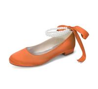 Gycdwjh Women's Satin Low Heel Shoes Pearl Ankle Strap Bridal Flats | 2cm Elegant satin low heel shoes multi-strand pearl ankle strap and ribbon bow, perfect for brides and formal occasions.