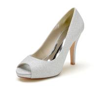 Gycdwjh Women's Sexy Fish Mouth Peep-Toe Stilettos - 10cm High Heel Platform Pumps - Grit Fabric Bridal & Evening Sandals,Silver,8 UK