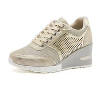 GYCS Fashion Wedge Trainers for Women Ladies Lace Up Sneakers Non-Slip Hidden Heel Platform Shoes Walking Wedding Shoes 3.15" Heel,Gold,35EU