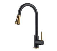 GYEQXKT Stainless Steel Kitchen & Bathroom Faucet with Pull-Down Sprayer, 2-Mode Rotation, Hot & Cold Water Mixer, Elegant Black & Gold Design, Modern Sink Tap