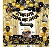 GYESXYW Black and Gold Party Decorations, Black and Gold Balloons Birthday Decorations, Happy Birthday Banner Golden Fringe Curtain Tablecloth Bday Sash Crown Pom Poms for Men Women Bday Decor