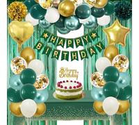 GYESXYW Green Gold Birthday Decorations, Emerald Green and Gold Balloons Party Decorations Happy Birthday Banner Fringe Curtain Bday Tablecloth Pom Poms for Women Men Boy Girls Bday Decor