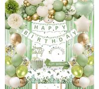 GYESXYW Sage Green Birthday Decorations Set, Happy Birthday Banner, Balloons, Fringe Curtain, Tablecloth, Sash, Crown, Pom Poms for Girls Women Men Boys