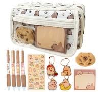 GYHWOFUL Capybara Pencil Case, Stationery Set with 4 Capybara Pens, 4 Keyrings, Notes, Stickers & Pins, Cute Capybara Pencil Case Gift for Children & Students