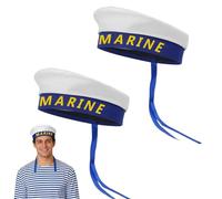 GYIOFAI 2 Pack Navy Marine Sailor Hat for Adults, White Blue Flat Top Sail Hat Halloween Nautical Adventures Dress up Costume Accessory for Cosplay Party Festival Fancy Dress (White)