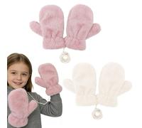 GYIOFAI 2 Pairs Winter Mittens, Kids Winter Gloves, Magic Stretch Mittens Thick Plush Lined, with Anti-Lost String, Plush Solid Color, Warm Fluffy Full Finger Gloves for Boys and (Pink, White)