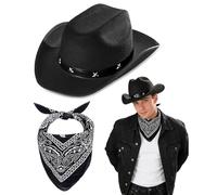 GYIOFAI 2 Pcs Felt Western Hats & Bandanas Texas Texan Costume Accessories, Wild West Western Sheriff, Western Cowboy Fancy Dress Costume for Birthday Halloween, Bachelorette, Bachelor Party Cosplay