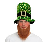 GYIOFAI 2 Pcs Irish Leprechaun Top Hat with Ginger Beard, Adult Green Top Hat with Buckle and Gold Shamrock Decorations, St Patrick's Day Accessories Fancy Dress Costume Accessory for Men and Women