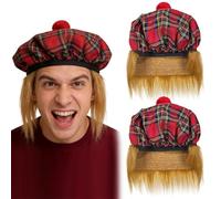GYIOFAI 2 Pcs Red Tartan Hat With Ginger Hair, Tartan Beret with Elastic Band, Scot Hat With Wig, Scottish Fancy Dress, Scotland Sport Supporter Cap, for St Andrews Day, Scotland Burns Night