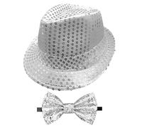 GYIOFAI 2 Pcs Sequin Hat, Sparkly Bow Tie, Glitter Jazz Caps, Disco Hat, Hip-Hop Sequin Hat Fancy Dress, Bowtie for Men Bachelor Dance Night Party Carnival Christmas Fancy Dress Stage Show (Silver)