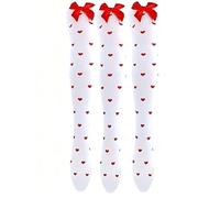 GYIOFAI 3 Pairs Bow-Knot Heart High Socks, Stretchy Thigh-Highs, White Knee High Socks, Valentine's Day Over-the-Knee Red and White, Sexy Funny Long Sock (Red)