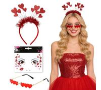 GYIOFAI 3 Pcs Sequins Heart Headband, Women's Cupid Costume with Glitter Headband Heart Glasses and Face Tattoos, Valentine's Day Birthday New Year's Eve Costume Party Photo Props (Red)