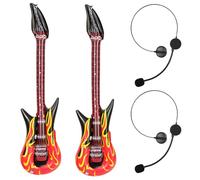 GYIOFAI 4 Pcs Fake Microphone Headset Prop, Novelty Inflatable 93cm Rock Guitar Flame Design, Fancy Costume Fashion Headband with Microphone for Cosplay and Party Accessories (Black, Red)