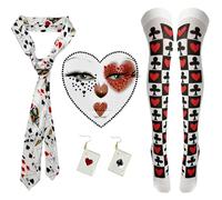 GYIOFAI 4pcs Queen of Hearts Costume Women,Queen of Hearts Accessories Set include Opaque Hold-Ups,Heart Gem Sticker,Poker Tie and Red Black Heart Dangle Earrings,for Halloween Carnival Cosplay Party