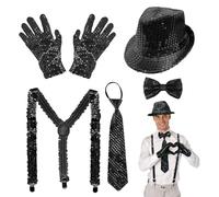 GYIOFAI 5 Pcs Disco Costume for Men, Glitter Costume Accessories for Adult, Jazz Dance Sequins Hat Gloves Necktie Bow Tie Suspenders, 70s Disco Outfits for Carnival Party Dance Show