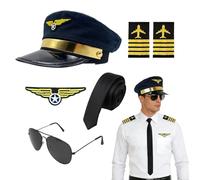 GYIOFAI 6 Pcs Airline Pilot Captain Hat Costume Accessories Set,Halloween Pilot Airplane Captain Costume Fancy Dress Kit, Aviator Hat, Armband Badge Tie Glasses, for Cosplay Dress up Party (Navy Blue)