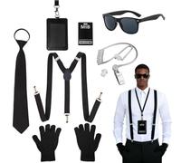 GYIOFAI 7 Pcs Agent Costume Accessories, Secret Agent Dress Up, Men in Black Costume Accessories, Service Costume Spy Accessories with Sunglasses Earpieces Suspenders Tie ID Card Card Holder Gloves