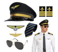 GYIOFAI 7 Pcs Pilot Captain Hat Costume Accessories Set,Halloween Military Airplane Captain Costume Fancy Dress Kit, Aviator Hat, Armband Badge Tie Glasses, for Cosplay Dress up Party (Black)