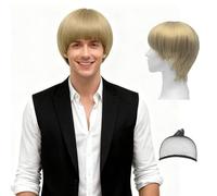 GYIOFAI Short Blonde Male Bob Wig with Band, Men's Mushroom Blonde Party Wig Bowl Cut Halloween Funny Nerd Men Synthetic Short Hair with Fringe Costume Accessory for Fancy Dress Cosplay Carnival