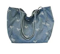 Gyios Bag Women Large-capacity Denim Canvas Shoulder Handbag, Sweet Bow Casual Everyday Bag-deep Blue