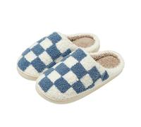 Gyios Cotton slippers Unisex Checkered Winter Slippers, Warm Fluffy Indoor House Shoes With Embroidery, Cozy Retro Home For Comfort-blue-39-40