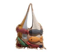 Gyios Crossbody Bag 3d Colorful Fish Patchwork Tote Fringe Edge Mixed Fabric Wide Strap Large Capacity Shoulder Handbag For Beach Travel Daily-khaki