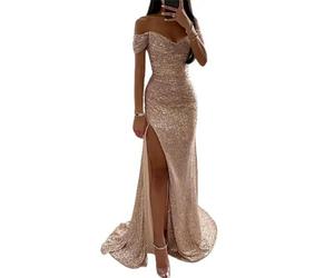 Gyios dress Elegant Off-shoulder Gown Dress Solid Color Long Sleeve Sequin V-neck Maxi Dress For Evening Party Female-c-l