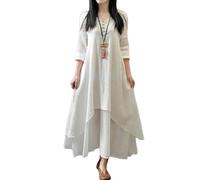 Gyios dress Irregular Double-layer Summer Outfit - Women Cotton Linen Dress, Korean Short Sleeve Loose Casual With Pockets, Solid Color-white-xxxl