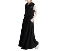 Gyios dress Lapel Long Shirt With Drawstring Waist - Women’s Casual Solid Color Sleeve Elastic Fit For Daily & Work Wear-sleeveless-black-l
