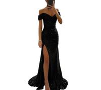 Gyios dress Off-shoulder Gown Dress Elegant Sequin V-neck Maxi Dress For Evening Party Prom Off Shoulder Slim Split Long Dress-black-m