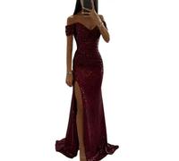 Gyios dress Off-shoulder Gown Dress Elegant Sequin V-neck Maxi Dress For Evening Party Prom Off Shoulder Slim Split Long Dress-wine Red-m