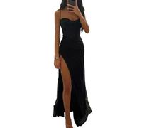 Gyios dress Women Polyester Maxi Dress Elegant Sequin Spaghetti Strap Evening Dress With Off Shoulder High Split Loose High For Lady-black-s