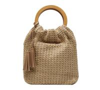 Gyios handbags for women Raffia Woven Drawstring Bucket Bag Wooden Ring Handle Summer Beach Tassel Handbag-dark Khaki-23cm 9cm 27cm