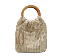 Gyios handbags for women Raffia Woven Drawstring Bucket Bag Wooden Ring Handle Summer Beach Tassel Handbag-khaki-23cm 9cm 27cm