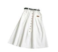 Gyios skirt Casual Cotton Midi Long Skirt Women Button Pocket Belt A Line High Waist Mid-length Skirt Female Elastic Women Skirts-white-one Size