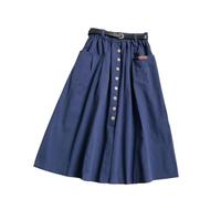 Gyios skirt Casual Cotton Midi Long Skirt Women Button Pocket Belt A Line High Waist Mid-length Skirt Female Elastic Women Skirts-blue-one Size
