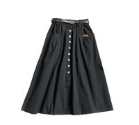 Gyios skirt Casual Cotton Midi Long Skirt Women Button Pocket Belt A Line High Waist Mid-length Skirt Female Elastic Women Skirts-black-one Size