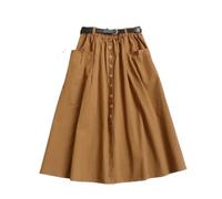 Gyios skirt Casual Cotton Midi Long Skirt Women Button Pocket Belt A Line High Waist Mid-length Skirt Female Elastic Women Skirts-khaki-one Size