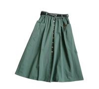 Gyios skirt Casual Cotton Midi Long Skirt Women Button Pocket Belt A Line High Waist Mid-length Skirt Female Elastic Women Skirts-green-one Size