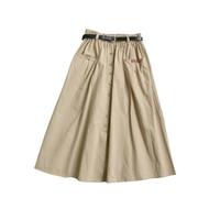 Gyios skirt Casual Cotton Midi Long Skirt Women Button Pocket Belt A Line High Waist Mid-length Skirt Female Elastic Women Skirts-apricot-one Size