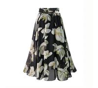 Gyios skirt Plus Size Print Floral Skirt Women Summer Loose Elastic High Waist Chiffon Midi Skirts Lace Up Bow L-5xl-black-5xl